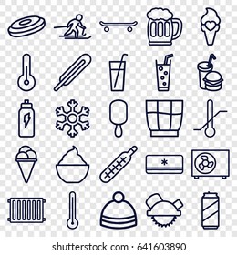 Cold icons set. set of 25 cold outline icons such as winter hat, saw blade, ice cream on stick, ice cream, milkshake, soda, burger and drink, themometer, thermometer, drink