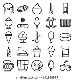 Cold icons set. set of 25 cold outline icons such as ice cream, ice cream on stick, milkshake, thermometer, soda bottle, drink, beer mug, radiator, drink coconut, hockey puck