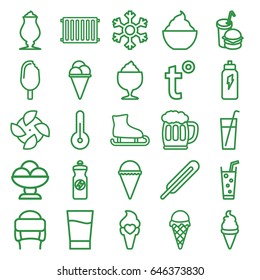 Cold icons set. set of 25 cold outline icons such as winter hat, ice cream, energy drink, milkshake, soda, burger and drink, themometer, beer mug, snowflake, temperature