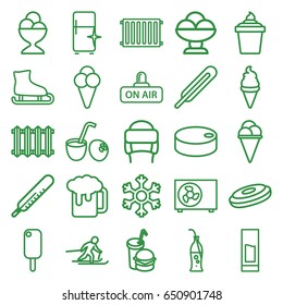 Cold icons set. set of 25 cold outline icons such as thermometer, clean fridge, winter hat, ice cream, ice cream in can, burger and drink, themometer, open air, soda bottle