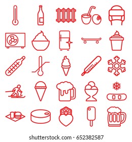 Cold icons set. set of 25 cold outline icons such as thermometer, clean fridge, winter hat, ice cream, ice cream in can, ice cream ball, milkshake, soda and burger