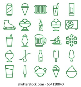 Cold icons set. set of 25 cold outline icons such as saw blade, ice cream, ice cream on stick, milkshake, thermometer, soda bottle, drink, beer mug, snowflake, air conditioner