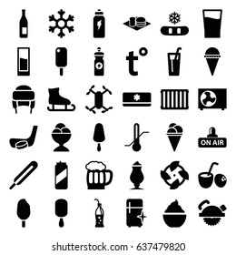 Cold icons set. set of 36 cold filled icons such as clean fridge, winter hat, saw blade, ice cream, ice cream on stick, energy drink, milkshake, soda and burger, themometer