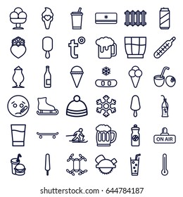Cold icons set. set of 36 cold outline icons such as winter hat, saw blade, ice cream, ice cream on stick, energy drink, milkshake, soda, burger and drink, heart frozen
