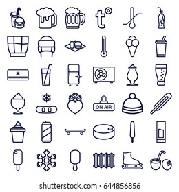 Cold icons set. set of 36 cold outline icons such as clean fridge, winter hat, ice cream on stick, ice cream in can, milkshake, soda and burger, burger and drink, themometer