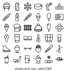 Cold icons set. set of 36 cold outline icons such as thermometer, clean fridge, winter hat, ice cream on stick, ice cream, milkshake, soda and burger, themometer, heart frozen