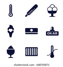 Cold icons set. set of 9 cold filled icons such as thermometer, milkshake, ice cream, open air, air conditioner