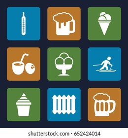Cold icons set. set of 9 cold filled icons such as beer mug, ice cream, ice cream in can, thermometer, radiator, skiing