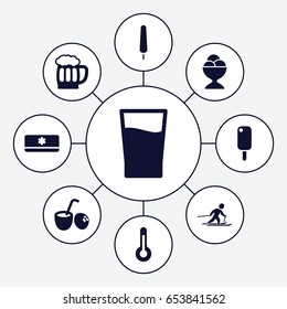 Cold icons set. set of 9 cold filled icons such as ice cream on stick, ice cream ball, drink, beer mug, air conditioner, temperature, skiing, drink coconut