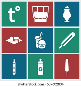 Cold icons set. set of 9 cold filled icons such as ice cream on stick, energy drink, milkshake, soda and burger, burger and drink, themometer, thermometer, drink