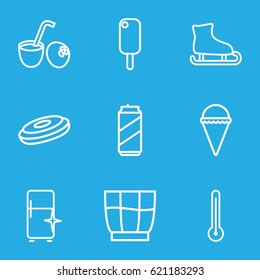 Cold icons set. set of 9 cold outline icons such as clean fridge, ice cream, drink, drink coconut, thermometer, beer can, ice skating