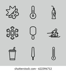 Cold icons set. set of 9 cold outline icons such as ice cream on stick, soda bottle, snowflake, temperature, cold and hote mode, thermometer, skiing