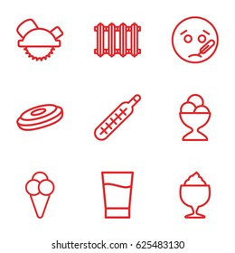 Cold icons set. set of 9 cold outline icons such as saw blade, ice cream ball, milkshake, thermometer, ice cream, drink, radiator, sick emot