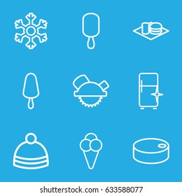 Cold icons set. set of 9 cold outline icons such as clean fridge, winter hat, saw blade, ice cream on stick, soda and burger, ice cream, snowflake