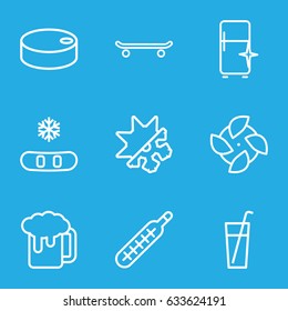 Cold icons set. set of 9 cold outline icons such as clean fridge, thermometer, cold and hote mode, hockey puck, beer mug, skating, drink, snowflake