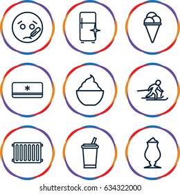 Cold icons set. set of 9 cold outline icons such as clean fridge, ice cream, milkshake, air conditioner, radiator, skiing, sick emot
