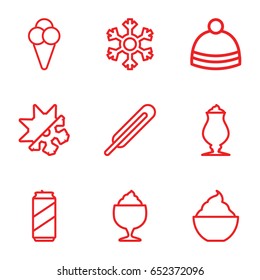 Cold icons set. set of 9 cold outline icons such as winter hat, milkshake, themometer, ice cream, snowflake, cold and hote mode
