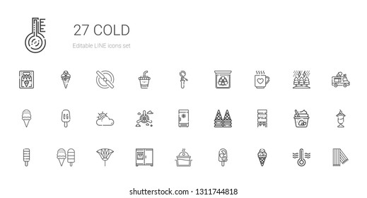 cold icons set. Collection of cold with ice cream, popsicle, laundry, fridge, fan, water dispenser, freezer, propeller, cloudy, drink, radiation. Editable and scalable cold icons.