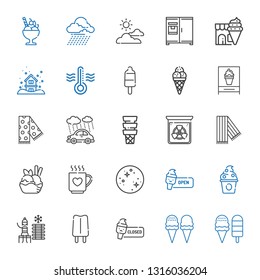 cold icons set. Collection of cold with ice cream, popsicle, cold water, frozen yogurt, mercury, drink, scarf, radiation, rain, thermometer. Editable and scalable icons.