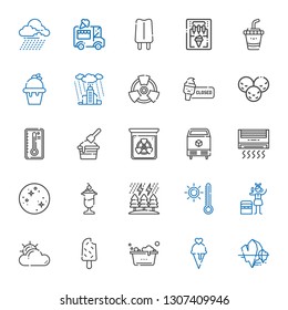 cold icons set. Collection of cold with iceberg, ice cream, washing, popsicle, cloudy, portable fridge, thermometer, storm, mercury, air conditioner. Editable and scalable cold icons.