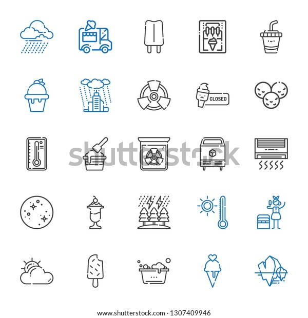 cold icons\
set. Collection of cold with iceberg, ice cream, washing, popsicle,\
cloudy, portable fridge, thermometer, storm, mercury, air\
conditioner. Editable and scalable cold\
icons.