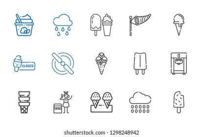 cold icons set. Collection of cold with popsicle, rain, ice cream, portable fridge, ice cream machine, propeller, ice cream cone, wind sign. Editable and scalable cold icons.