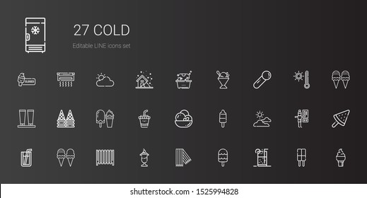 cold icons set. Collection of cold with soft drink, ice cream, scarf, radiator, soda, cloudy, popsicle, drink, cream, scoop, sorbet, laundry. Editable and scalable cold icons.