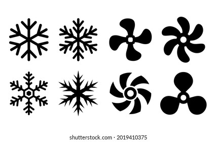 Cold icons, snowflake and cooling fan vector symbols set on white background