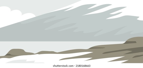 Cold landscape of arctic or antarctica. Snow, rocks, mountains and sea. Wildlife of Iceland, Norway, Alaska.  Nature and travel. Flat vector illustration for background