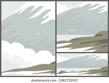 Cold landscape of arctic or Antarctica. Snow, rocks, mountains and sea. Wildlife of Iceland, Norway, Alaska. Nature and travel. Flat vector illustration for background. Set image