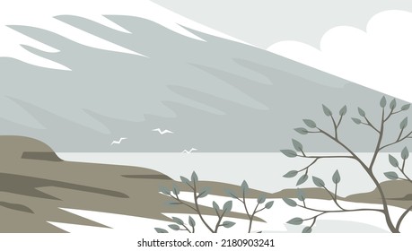 Cold landscape of Iceland. Snow, rocks, tree, mountains and sea. Wildlife of Iceland, Norway, Alaska. Nature and travel. Flat vector illustration for background