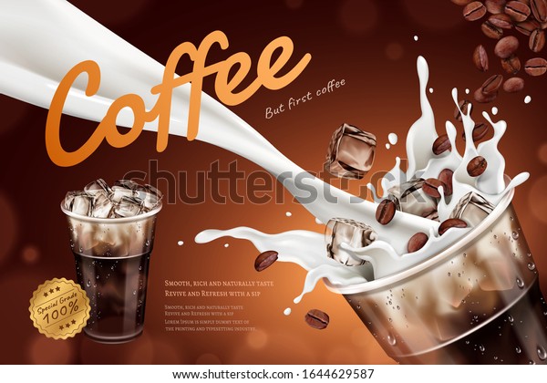茶色のボケ背景に テイクアウトカップにミルクが注がれ 3dイラストで飛ぶコーヒー豆が入ったコールドラテ広告 のベクター画像素材 ロイヤリティフリー