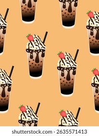 Cold latte pattern on a light brown background.