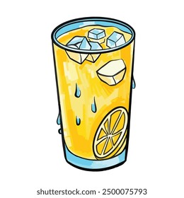Cold lemon juice. Iced lemonade beverage illustration isolated on square white background. Colorful illustration with cartoon art styled drawing.