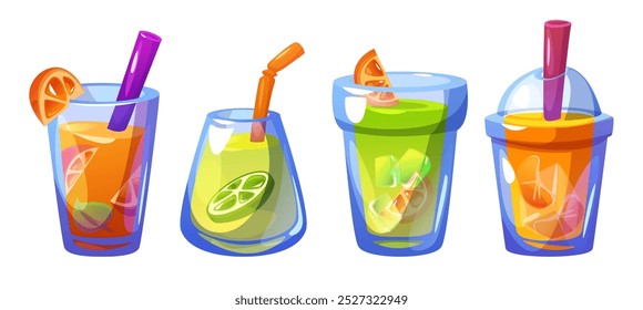 Cold lemonade beverage in glass and plastic takeaway cups with straw. Cartoon vector set of citrus drink with lemon and orange, lime and tangerine slices and pieces, ice cubes and green leaf.