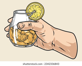 Cold lemonade colorful detailed sticker with hand holding glass filled with drink with lemon slice and ice cubes vector illustration