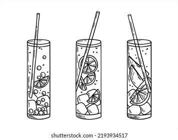 Cold lemonade doodle illustration set. Sketch of lemonade in a glass, hand drawing of a glass of lemonade with ice and fruits, isolated vector illustration. Vector illustration of drawings.