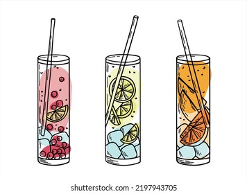 Cold lemonade doodle illustration set. Sketch of a glass of lemonade with ice and fruits