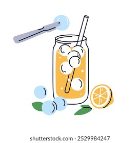 Limonada fría, bebida gaseosa. Añadir bolas de hielo en refresco frío fresco, bebida de verano. Refrescante refresco de limón en vaso con paja y menta. Ilustración vectorial plana aislada sobre fondo blanco