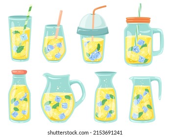 Cold lemonade. Fresh drinks, homemade lemonade in bottle, jug and glass with lemon slices and ice cubes vector illustration set. Refreshing summertime cocktail with citrus and mint leaves