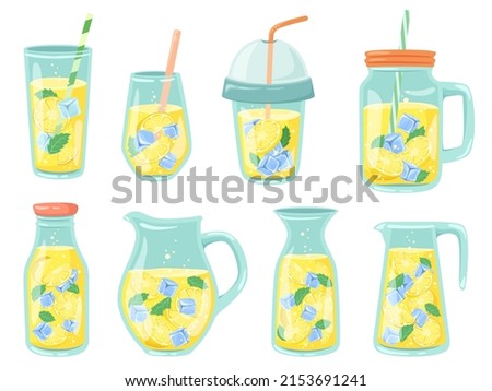 Cold lemonade. Fresh drinks, homemade lemonade in bottle, jug and glass with lemon slices and ice cubes vector illustration set. Refreshing summertime cocktail with citrus and mint leaves