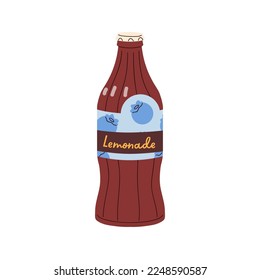 Cold lemonade in glass bottle. Fresh soda beverage, summer refreshment drink with berry flavor, taste. Tasty sweet refreshing juicy liquid. Flat vector illustration isolated on white background