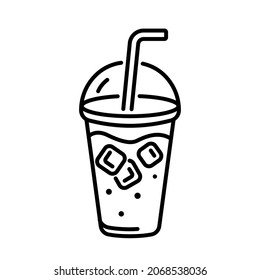 Cold lemonade, juice, iced tea. Takeaway juice. Iced refreshing drink. Vector line icon. Black outline isolated on a white background. 