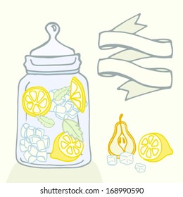 Cold lemonade made of lemon, ice cubes, mint in a beautiful jar. Perfect summer illustration with ribbon for your text.