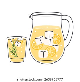 Cold lemonade pitcher and glass, with lemon slices, ice cube, vector illustration icon. Soda refreshment drink. Refreshing summer beverage, healthy natural juice, homemade recipe