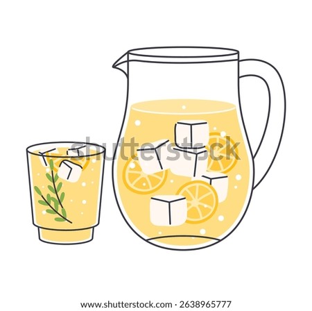 Cold lemonade pitcher and glass, with lemon slices, ice cube, vector illustration icon. Soda refreshment drink. Refreshing summer beverage, healthy natural juice, homemade recipe