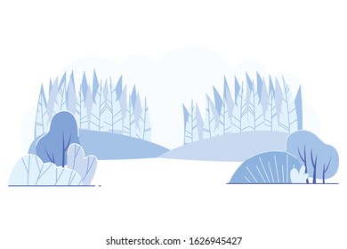 Cold Lifeless Valley Landscape Vector Illustration. In Center Forest-steppe Zone Blue on White Background. Close-up Forest Landscape Area. Grassy Roadside with Bushes and Forest Hills.