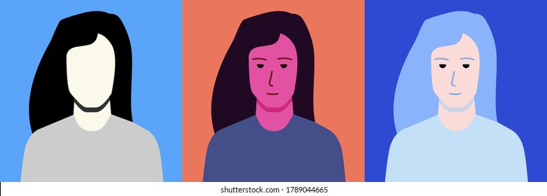 Cold looking girl. Colored set and silhouette. Avatar. Vector Flat Illustration.