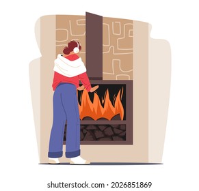 Cold Low Degrees Temperature at Home Concept. Freezing Female Character Wrapped in Warm Clothes Warm Hands at Burning Fireplace. Cold Winter or Autumn Weather Freeze. Cartoon Vector Illustration