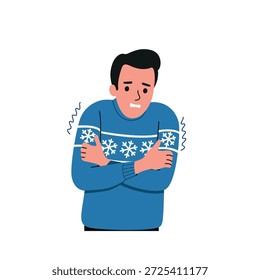 Cold Man Character Feeling Freezing Winter Weather. Vector flat  cartoon illustration